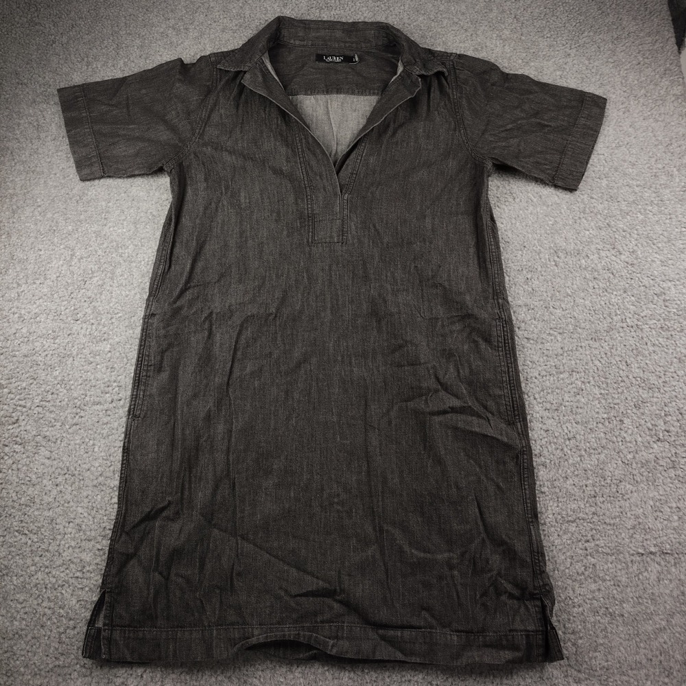 Lauren Ralph Lauren Cotton Dress Sz Large Denim Shift Grey Chambray Pockets EUC